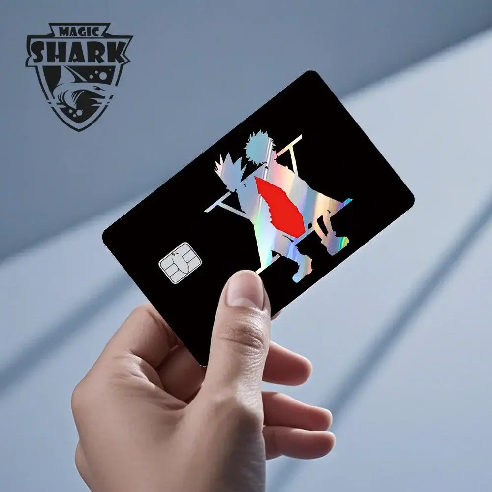 Black magic shark card skin with holographic laser anime design red accents for hunter x hunter fans
