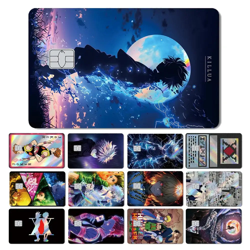 Blue and black hunter x hunter card skin with holographic laser effects featuring a character silhouette and glowing moon