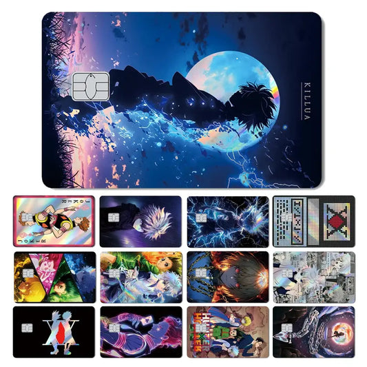 Blue and black hunter x hunter card skin with holographic laser effects featuring a character silhouette and glowing moon