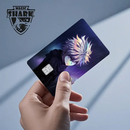 A dark blue glossy hunter x hunter card skin featuring a holographic laser anime character with rainbow hair and cosmic background
