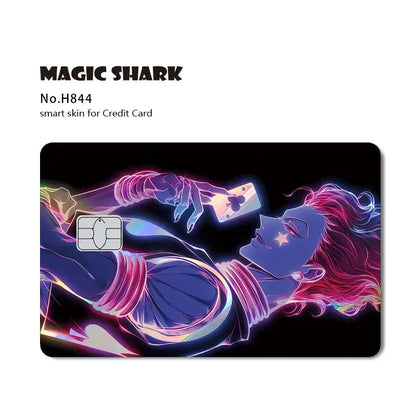 Hunter x hunter card skin with neon holographic laser design featuring anime character with pink and blue hair by magic shark