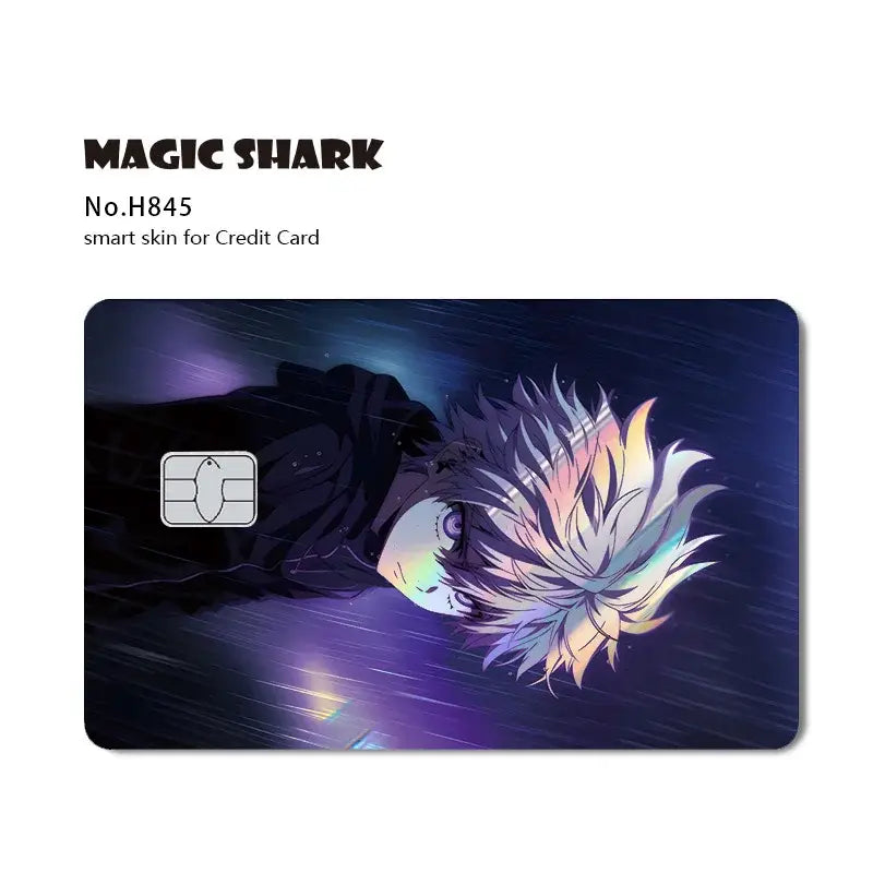 Vibrant hunter x hunter card skin with spiky white and rainbow hair on dark purple holographic laser background