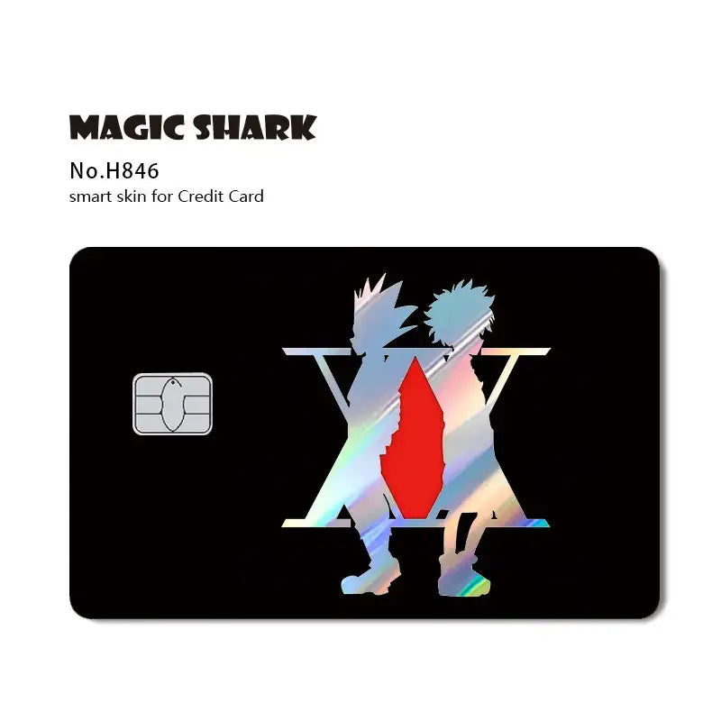 Black hunter x hunter card skin with holographic laser anime silhouettes and red center featuring iridescent shimmer