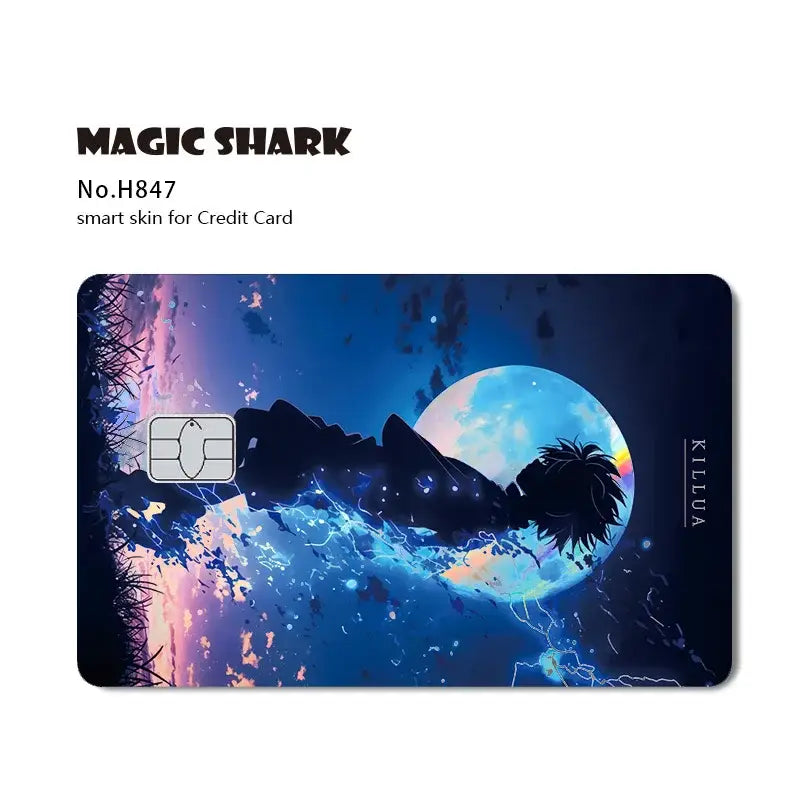 Vibrant hunter x hunter card skin featuring a spiky-haired silhouette with holographic laser blue moon and water splashes
