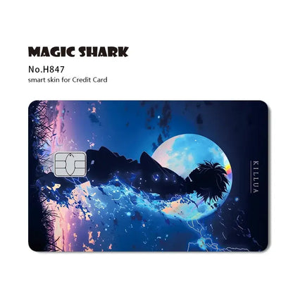 Vibrant hunter x hunter card skin featuring a spiky-haired silhouette with holographic laser blue moon and water splashes