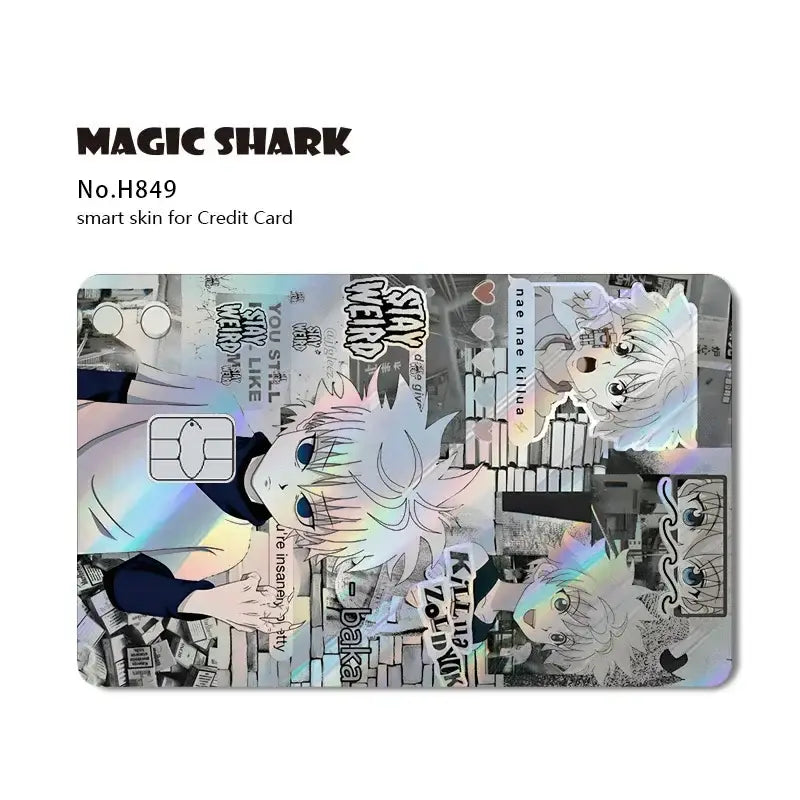Hunter x hunter magic shark card skin holographic laser with anime collage and iridescent reflective surfaces