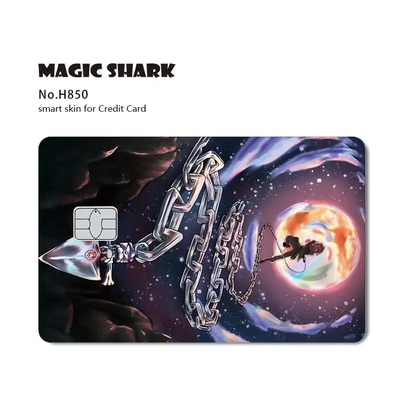 Hunter x hunter magic shark card skin featuring a sleek holographic laser cosmic design with astronaut and metallic chains