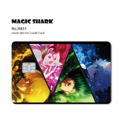 Colorful hunter x hunter card skin with holographic laser effect featuring vibrant anime characters and starry backgrounds
