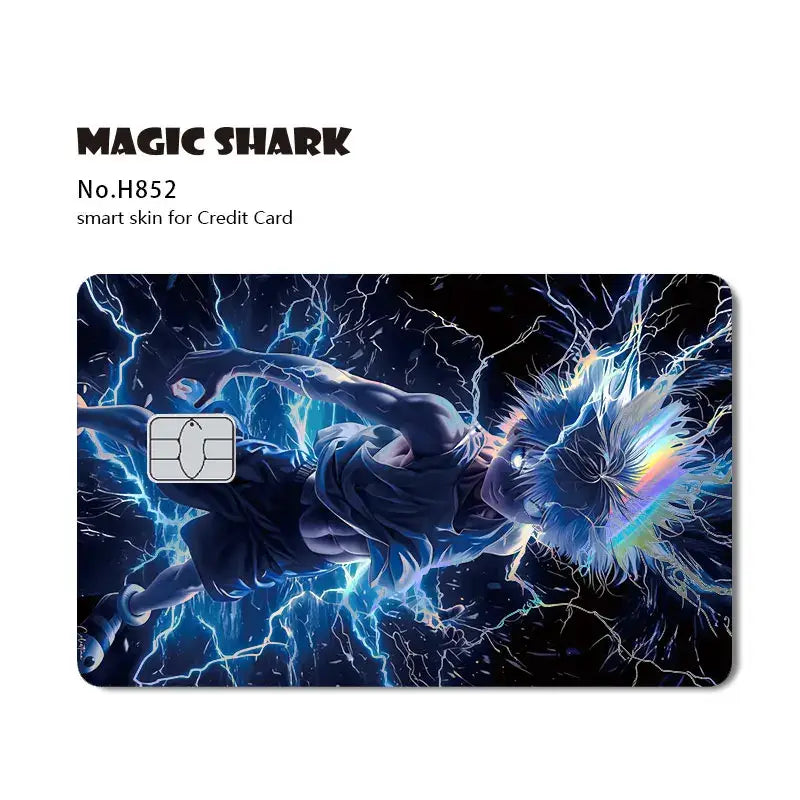 Blue and black lightning-themed hunter x hunter card skin with dynamic anime design holographic laser magic shark model h852