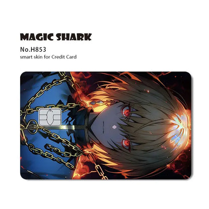 Hunter x hunter magic shark card skin with holographic laser featuring anime character with red eyes and fiery chains