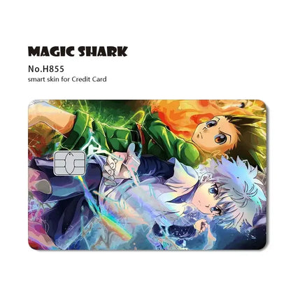 Vibrant hunter x hunter card skin with holographic laser effects and dynamic anime poses on flexible smart skin material