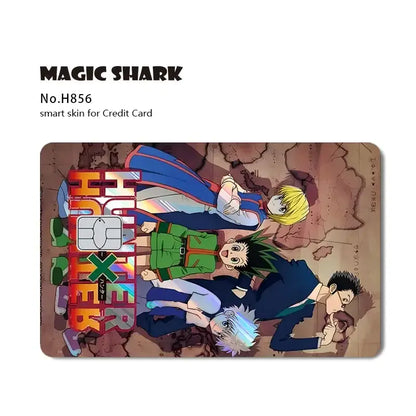 Hunter x hunter magic shark card skin with holographic laser featuring vibrant characters on cracked earth background
