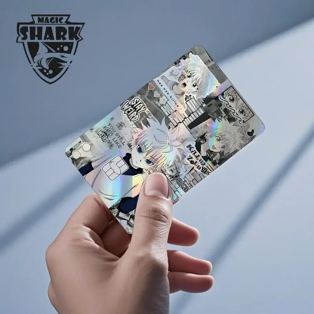 A holographic laser hunter x hunter card skin featuring iridescent kill la kill anime characters held in hand