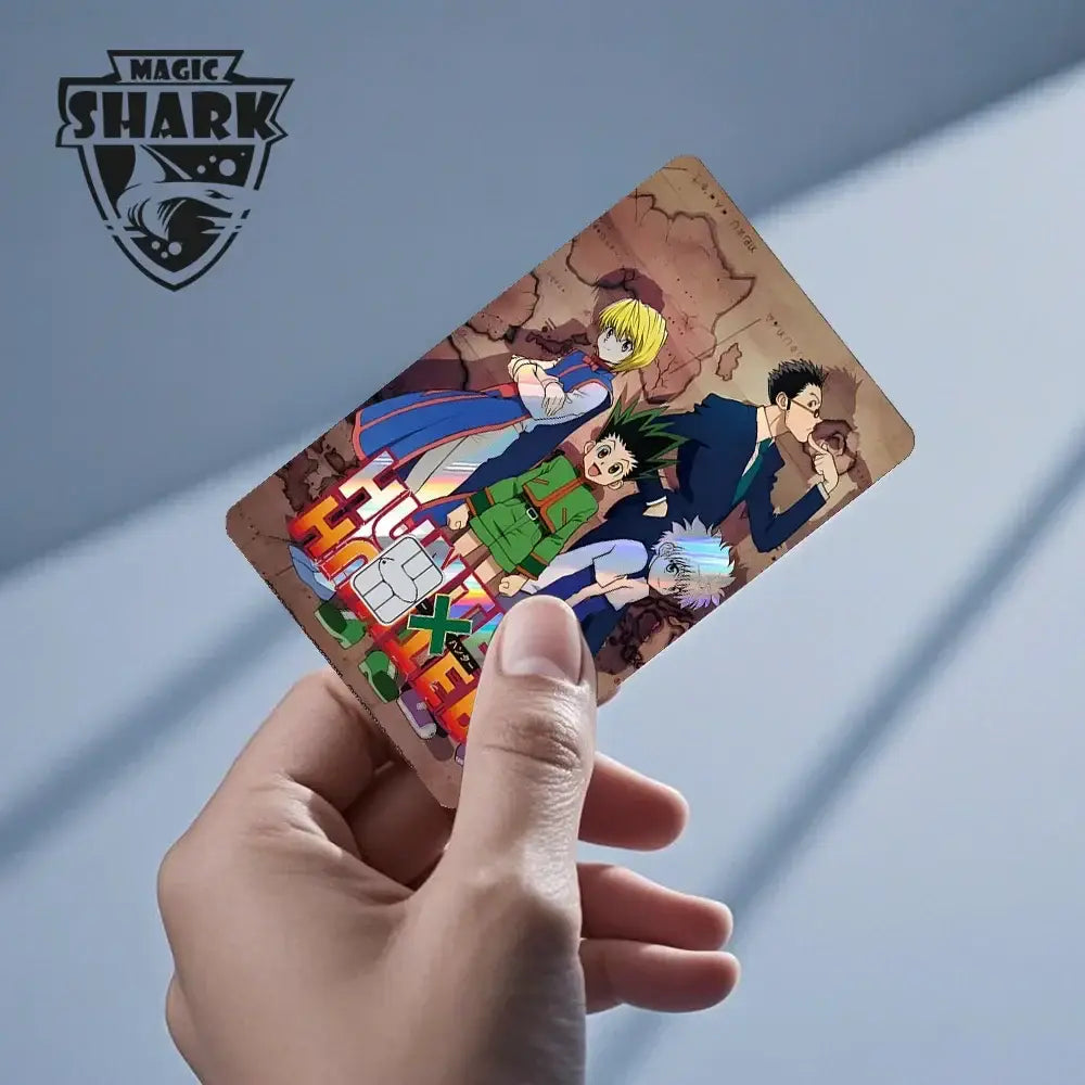 A glossy rectangular hunter x hunter card skin with vibrant anime characters and holographic laser effect on brown background