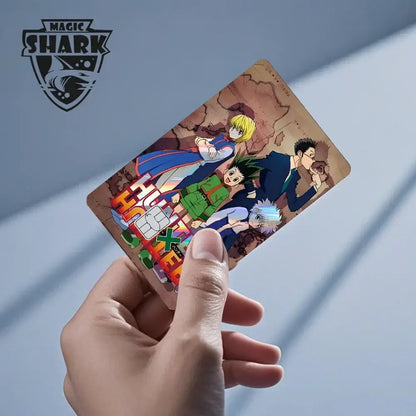 A glossy rectangular hunter x hunter card skin with vibrant anime characters and holographic laser effect on brown background