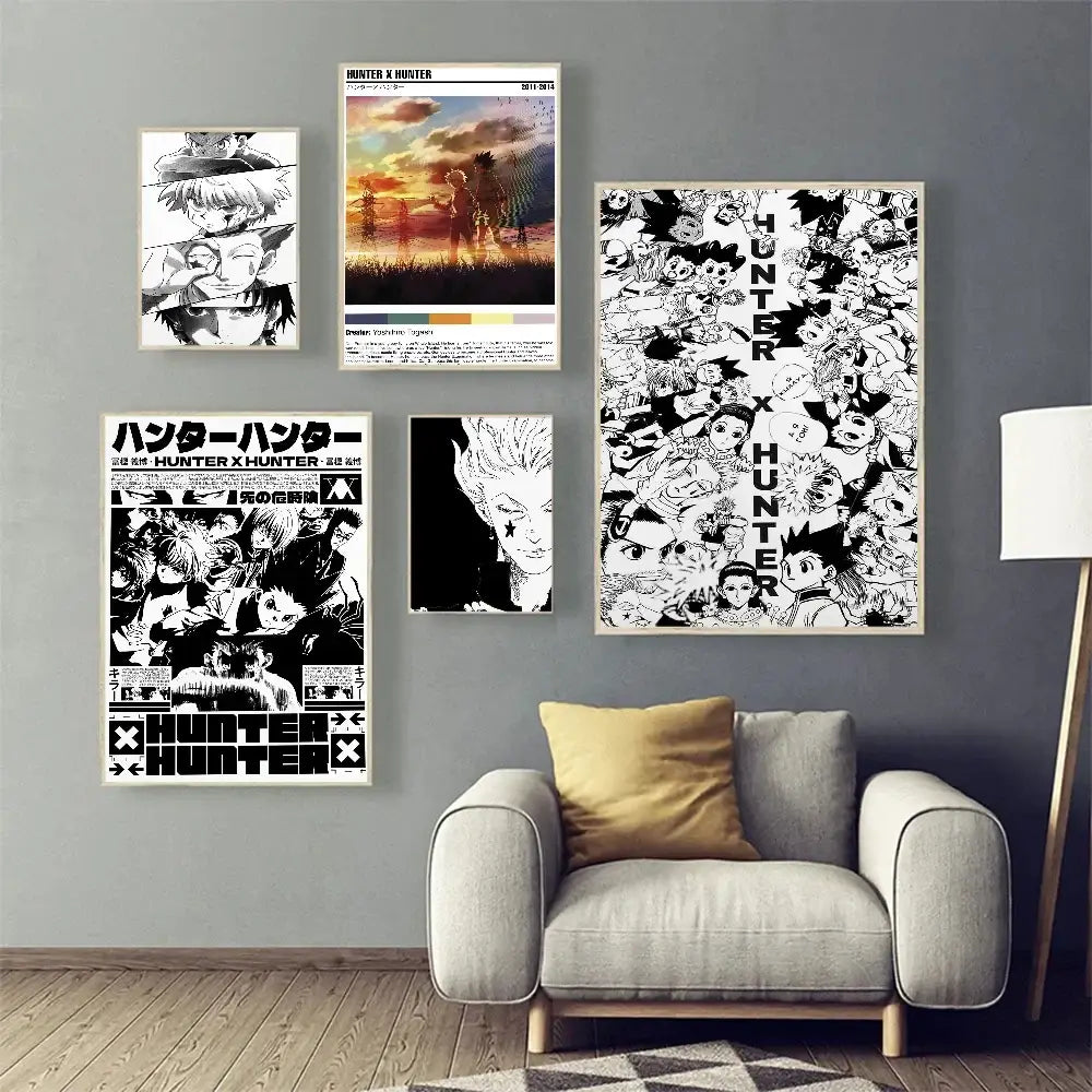 Gray armchair with wooden legs and mustard yellow cushion beside hunter x hunter diy white paper manga poster print