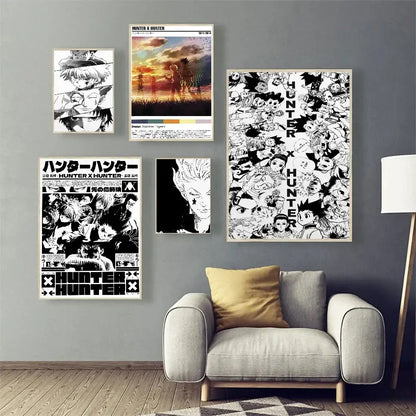 Gray armchair with wooden legs and mustard yellow cushion beside hunter x hunter diy white paper manga poster print