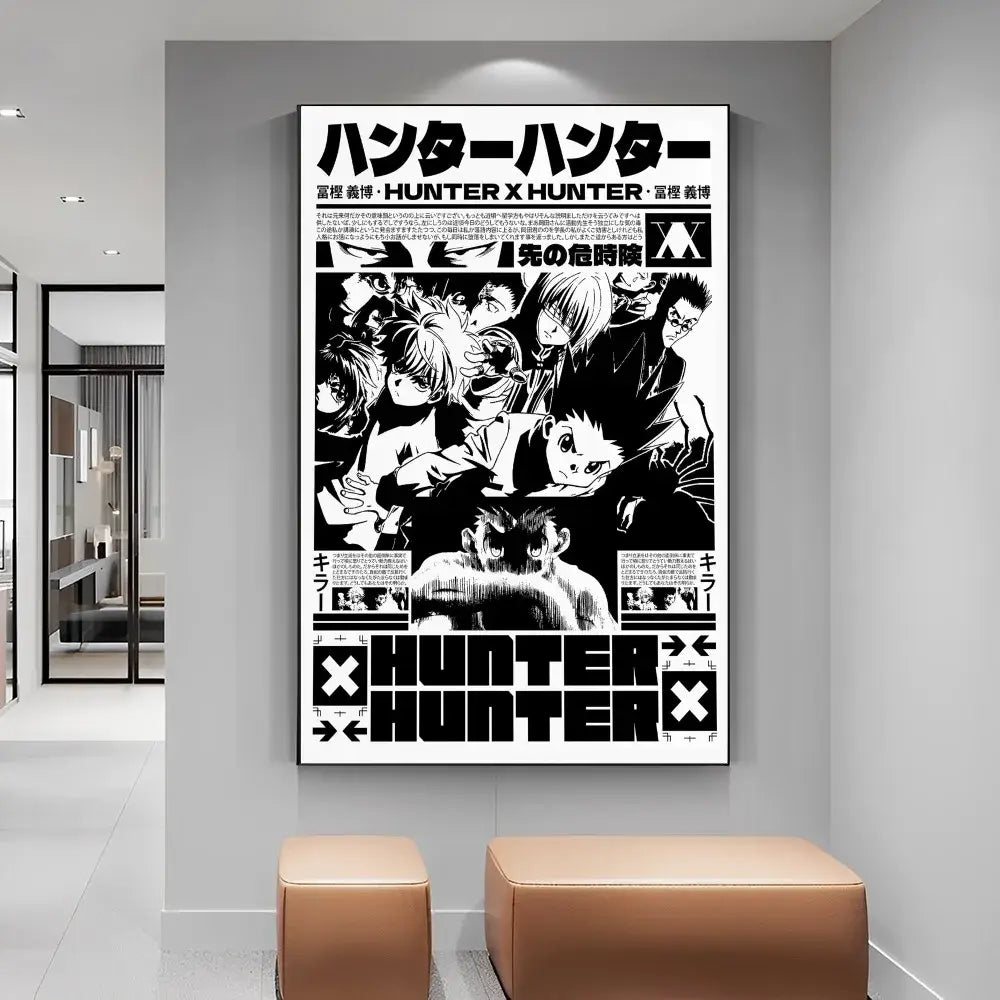 Black and white hunter x hunter manga poster with bold text and dynamic characters on diy white paper print