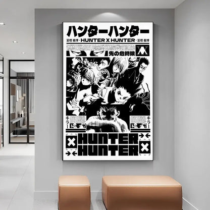 Black and white hunter x hunter manga poster with bold text and dynamic characters on diy white paper print