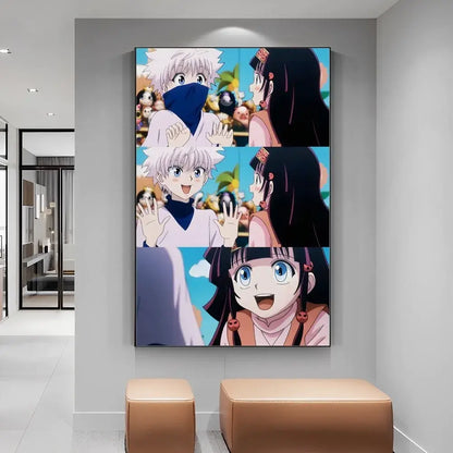 Hunter x hunter manga poster diy white paper print with vibrant three-panel anime characters on bright blue sky background