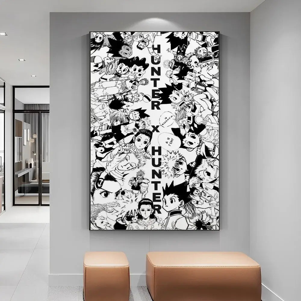 Black and white hunter x hunter anime character collage on diy white paper canvas for manga poster print