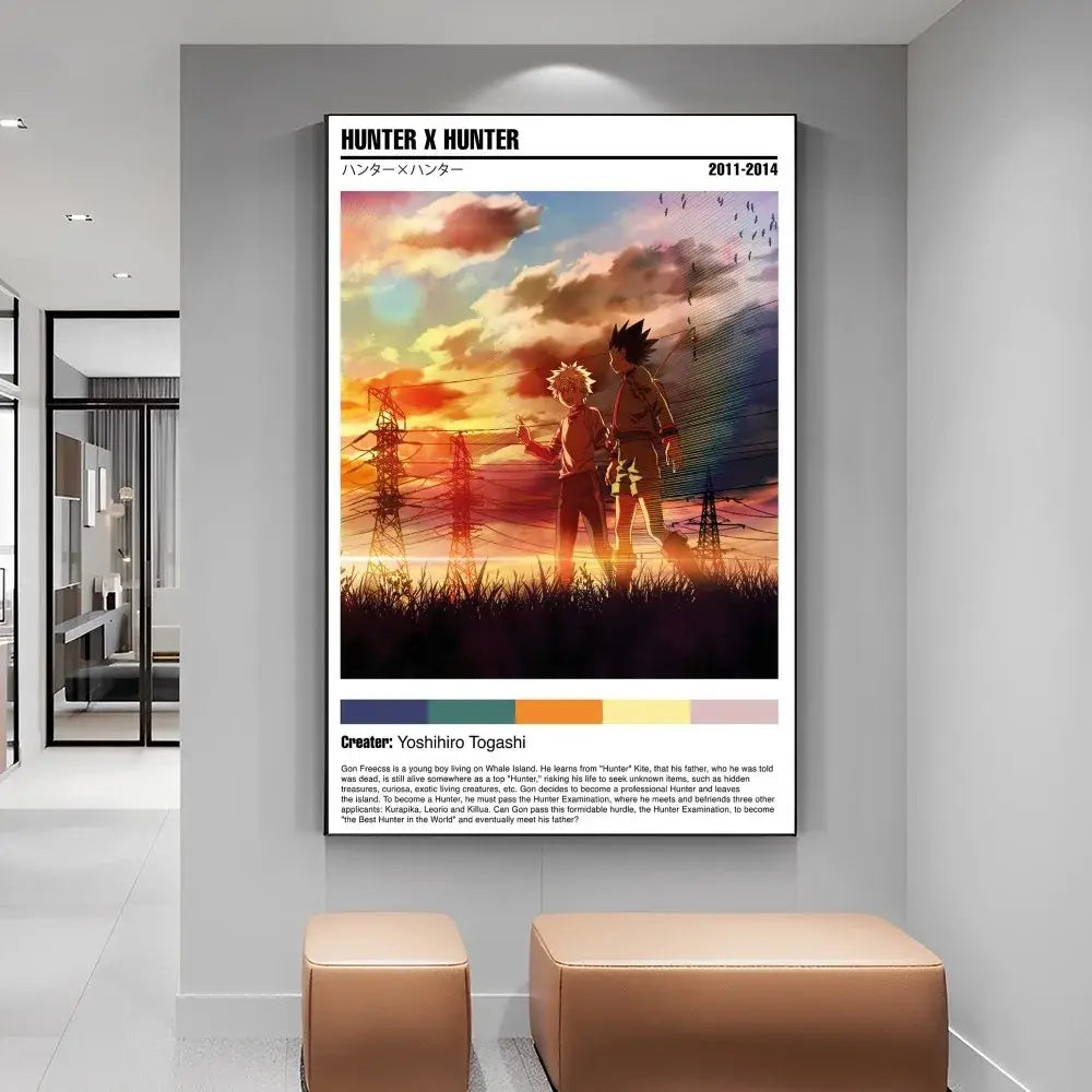 Framed hunter x hunter manga poster featuring two characters in a sunset field on vibrant diy white paper print