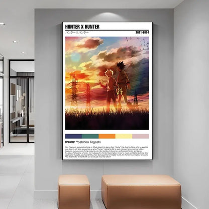 Framed hunter x hunter manga poster featuring two characters in a sunset field on vibrant diy white paper print