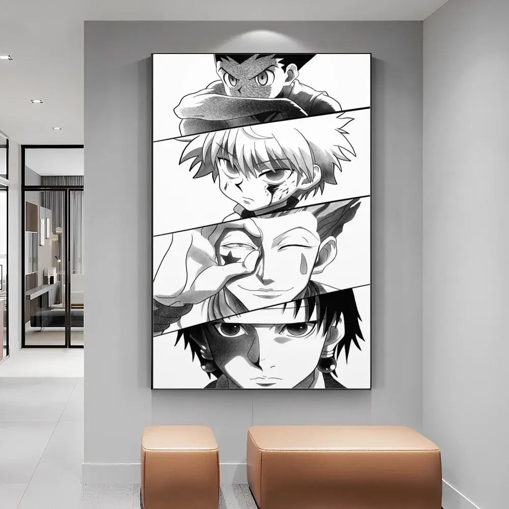 Black-and-white hunter x hunter manga poster with four vertical anime portraits on diy white paper print canvas