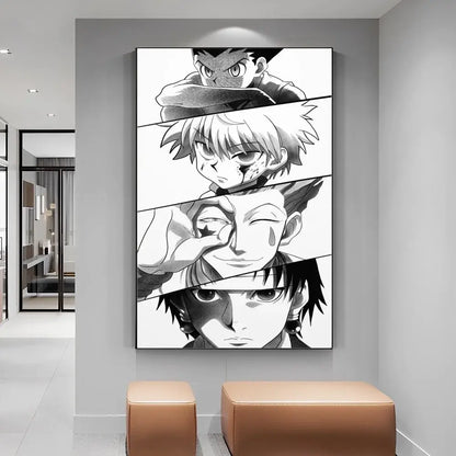 Black-and-white hunter x hunter manga poster with four vertical anime portraits on diy white paper print canvas