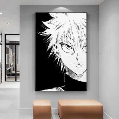 Hunter x hunter manga poster featuring a black and white diy white paper print of a stylized anime character with spiky hair