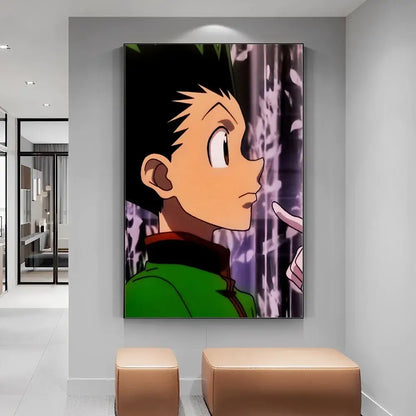 A framed hunter x hunter manga poster featuring a side-profile anime character on diy white paper print