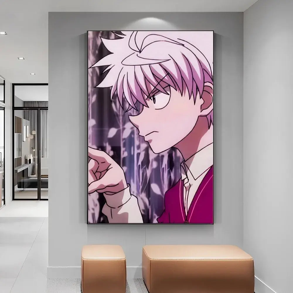 A framed hunter x hunter manga poster featuring an anime character with pink hair on a diy white paper print