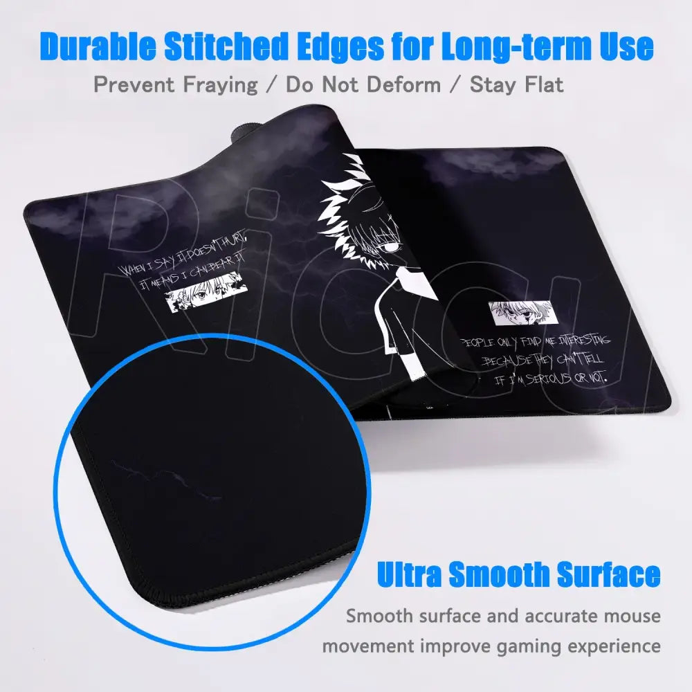 Black hunter x hunter desk mat with white anime character illustration and stitched edges non-slip mouse pad