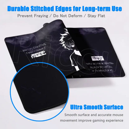 Black hunter x hunter desk mat with white anime character illustration and stitched edges non-slip mouse pad