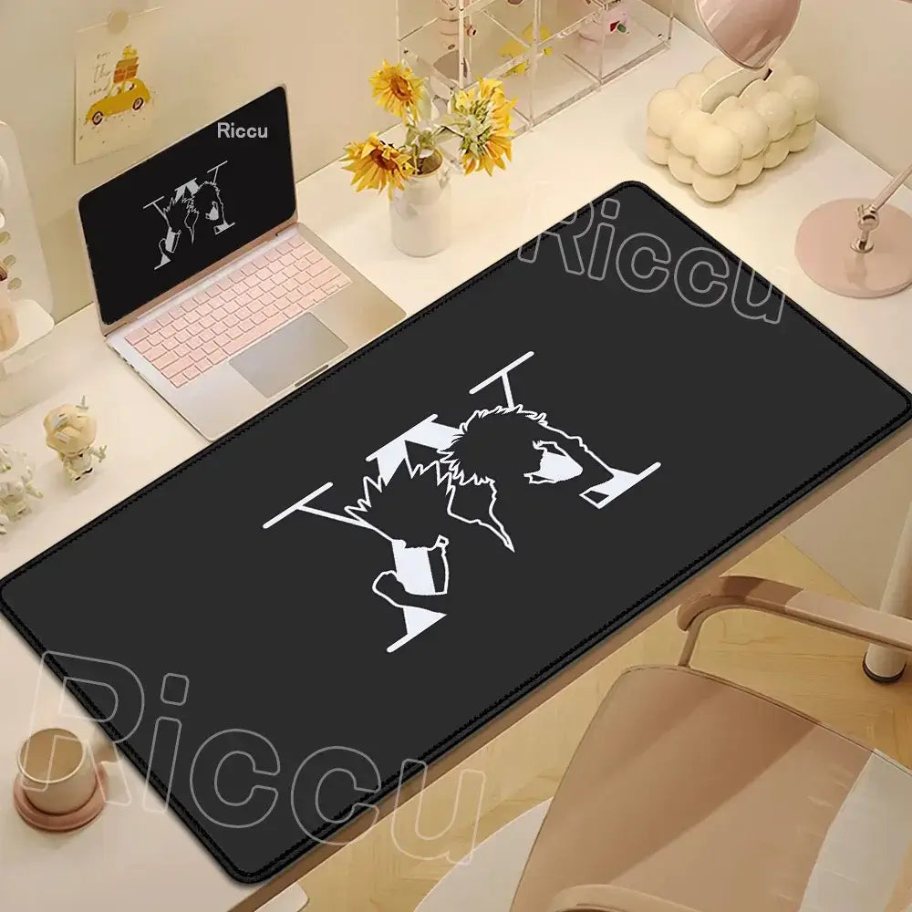 Black rectangular hunter x hunter desk mat with white stylized anime character design non-slip hunter mouse pad