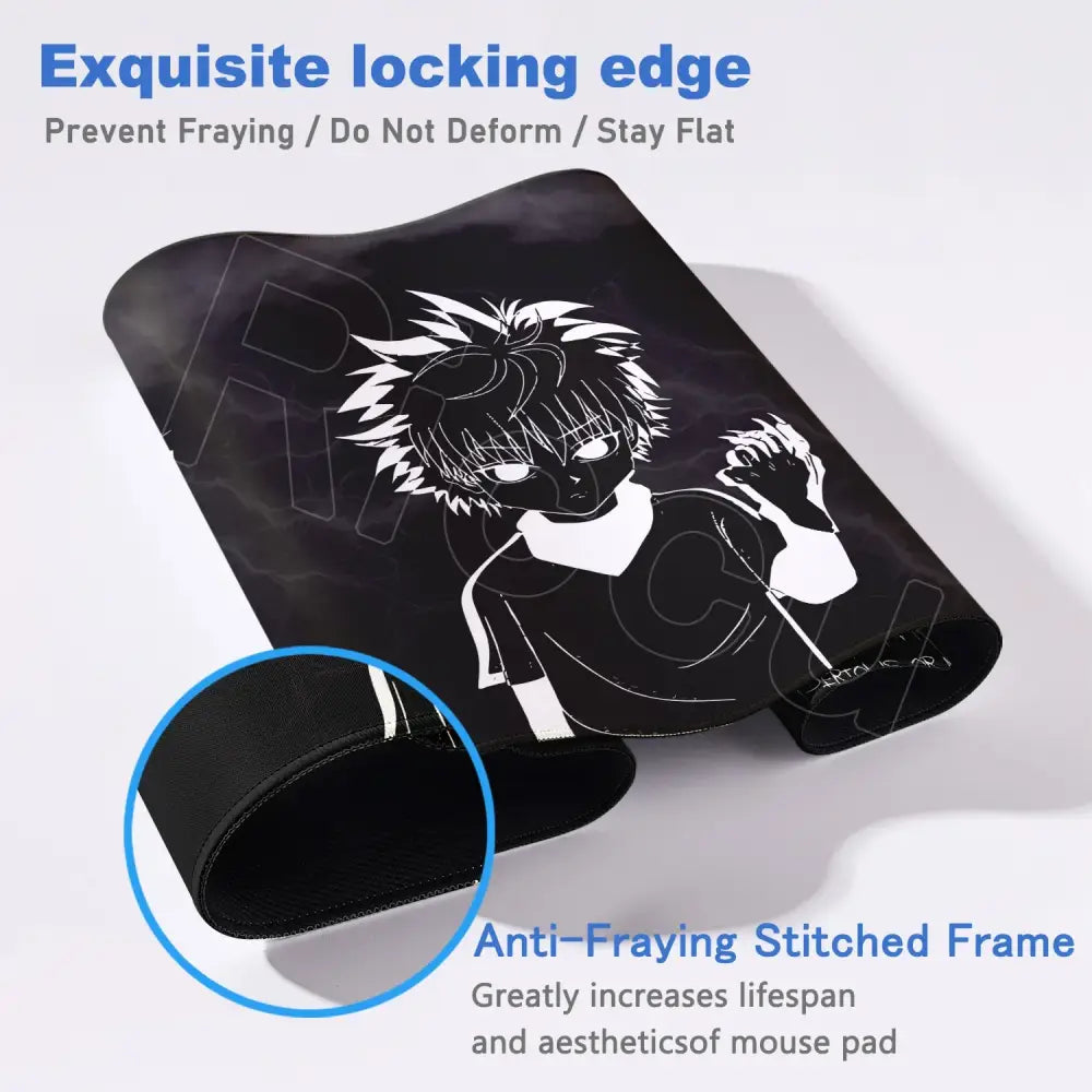 Black hunter x hunter desk mat featuring white line-art killua zoldyck with stitched anti-fray locking edges