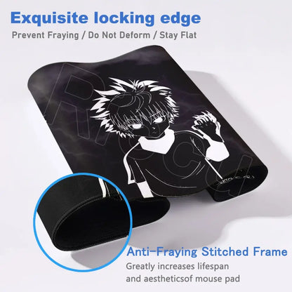 Black hunter x hunter desk mat featuring white line-art killua zoldyck with stitched anti-fray locking edges