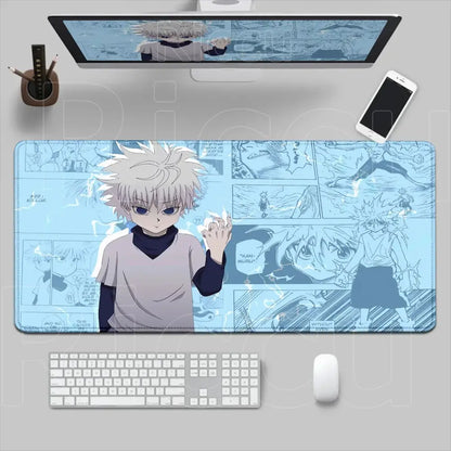 Blue and white hunter x hunter desk mat featuring killua manga panel design with non-slip surface XXL hunter mouse pad