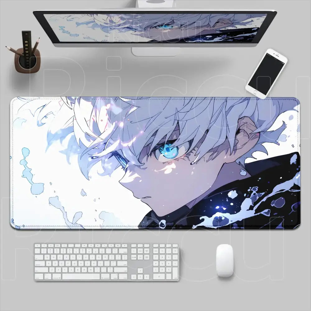 Hunter x hunter desk mat featuring a blue-eyed silver-haired anime character on a large non-slip hunter mouse pad