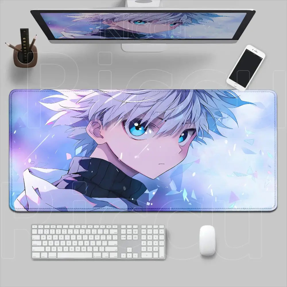 Hunter x hunter desk mat featuring a vibrant anime character with silver hair and blue eyes on a purple background