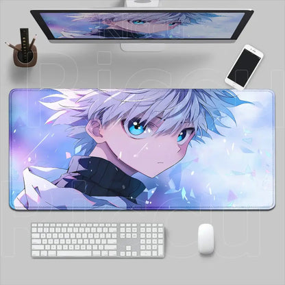 Hunter x hunter desk mat featuring a vibrant anime character with silver hair and blue eyes on a purple background