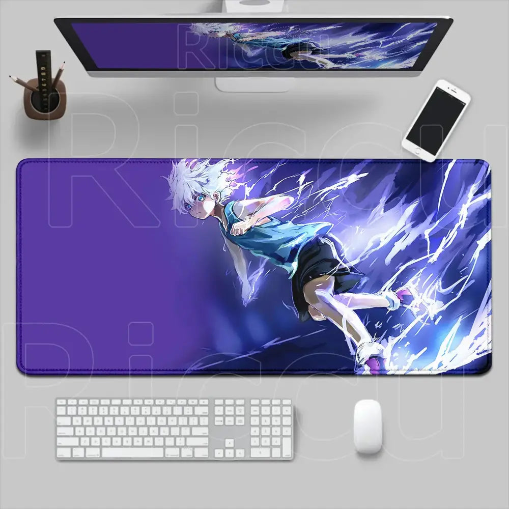 Purple hunter x hunter desk mat featuring a white-haired character with blue eyes and electric energy effects in action