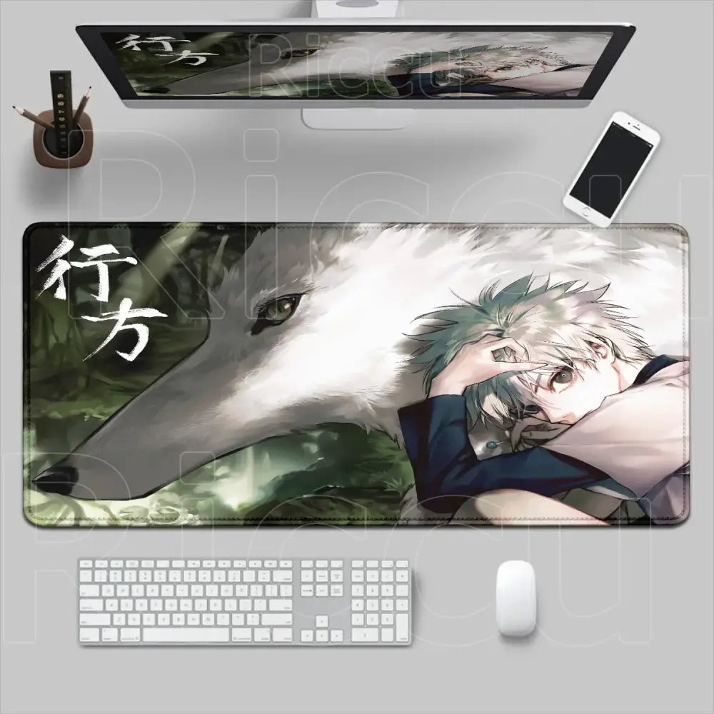 Hunter x hunter mouse pad desk mat with green hair character and white wolf design featuring japanese calligraphy