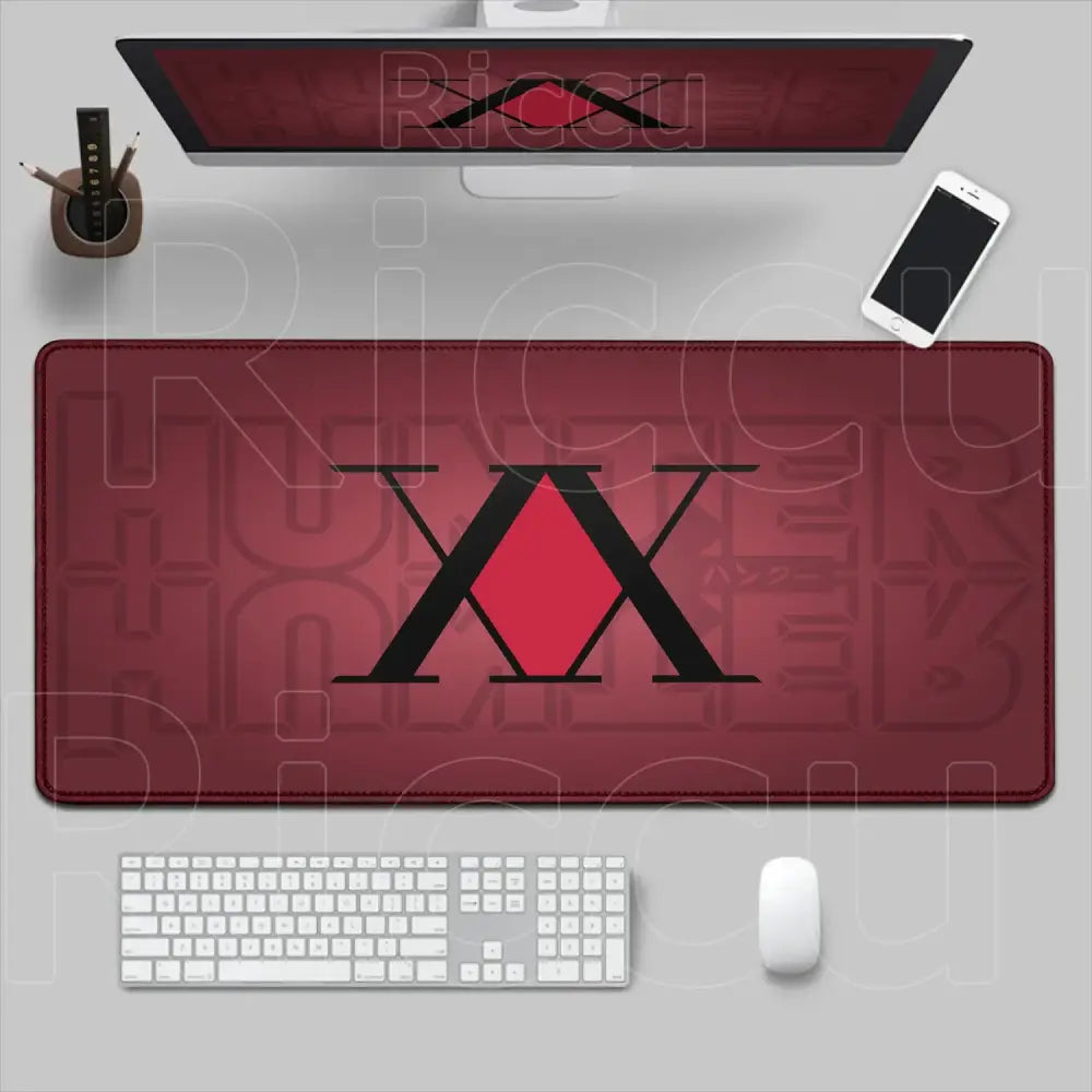Red hunter x hunter desk mat with black xx logo and subtle embossed lettering hunter mouse pad non slip xxl size