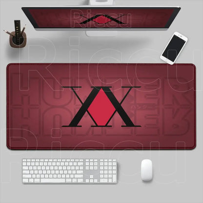 Red hunter x hunter desk mat with black xx logo and subtle embossed lettering hunter mouse pad non slip xxl size