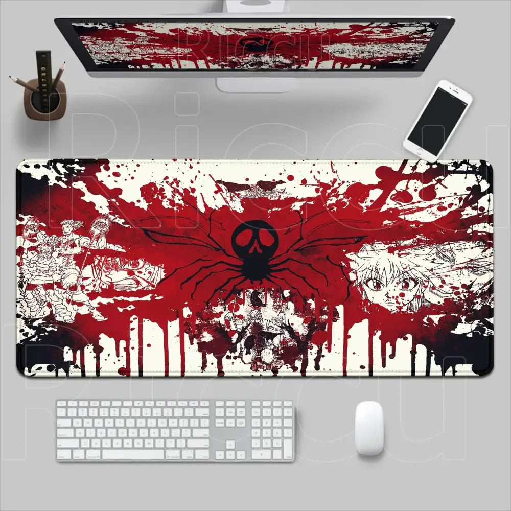 Hunter x hunter mouse pad desk mat with black white red spider design and blood splatter in xl non-slip surface