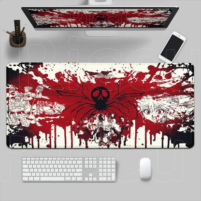 Hunter x hunter mouse pad desk mat with black white red spider design and blood splatter in xl non-slip surface