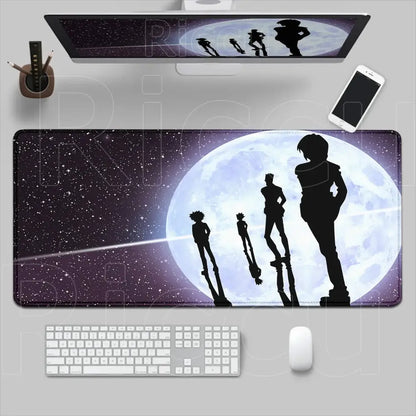 Hunter x hunter desk mat featuring dark purple design with black anime silhouettes and large moon for gaming use
