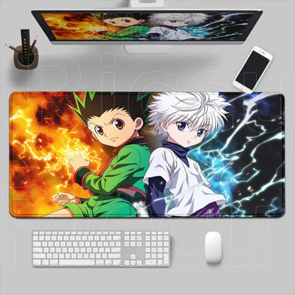 Vibrant hunter x hunter desk mat featuring anime characters with fiery and electric effects ideal for gaming use