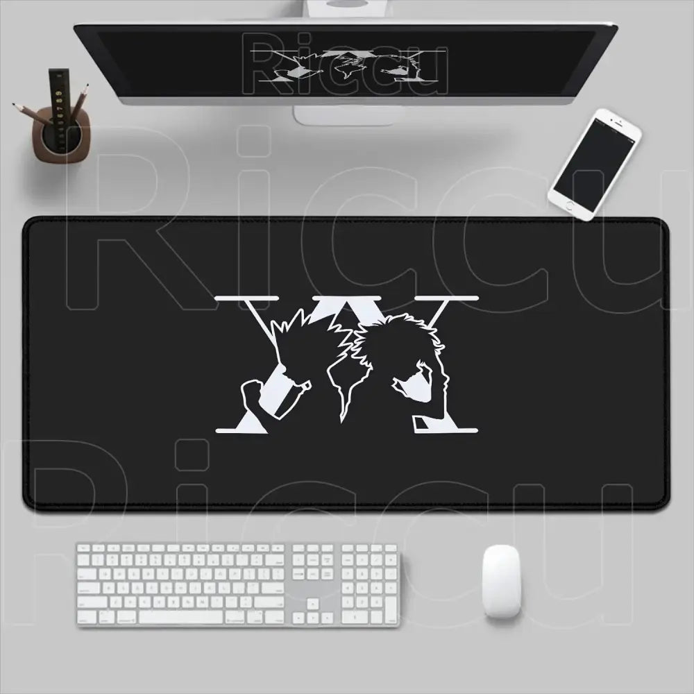Black rectangular hunter X hunter mouse pad with white anime graphic and v letters non-slip XXL desk mat